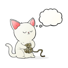 cartoon cat playing with ball of yarn with thought bubble