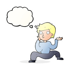 cartoon boy doing crazy dance with thought bubble
