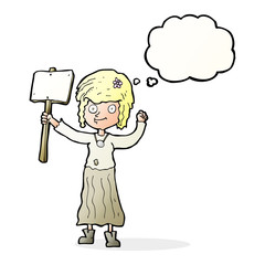 cartoon hippie girl with protest sign with thought bubble