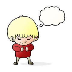 Obraz premium cartoon shy boy with thought bubble