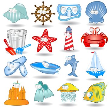 set of cartoon sea web icons isolated on white