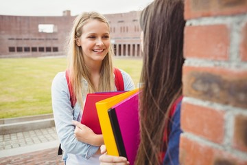 Smiling students talking outdoor 