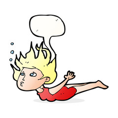 cartoon woman swimming underwater with speech bubble