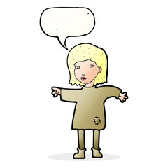 cartoon woman in patched clothing with speech bubble