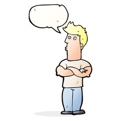 cartoon man with folded arms with speech bubble