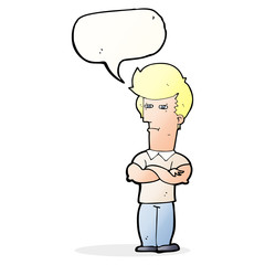 cartoon man with folded arms with speech bubble