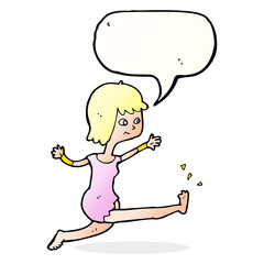 cartoon happy woman kicking with speech bubble