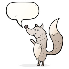 cartoon waving wolf with speech bubble