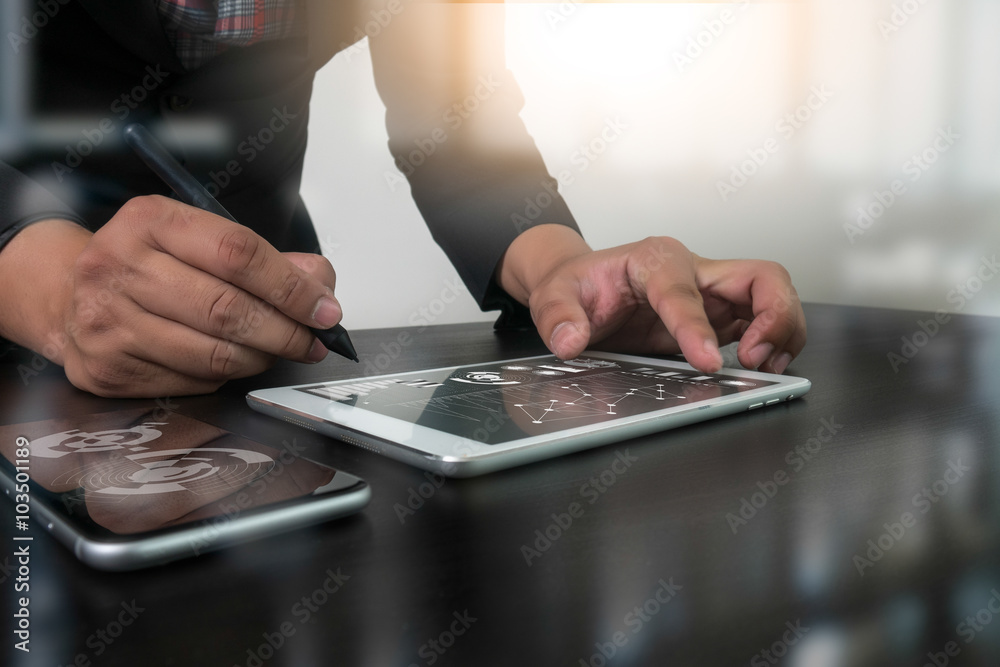 Wall mural website designer working digital tablet and computer laptop