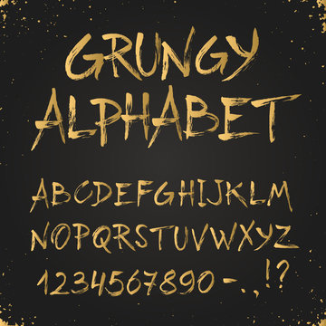 Hand drawn golden alphabet. Uppercase grunge letters and numbers on chalkboard. Handdrawn typography. Modern font.