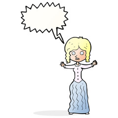 cartoon worried victorian woman with speech bubble