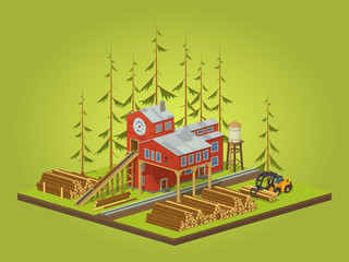 Lumber mill. Sawmill building. 3D lowpoly isometric vector concept illustration suitable for advertising and promotion