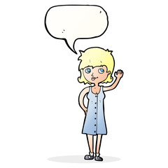 cartoon pretty woman waving with speech bubble