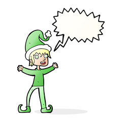 cartoon excited christmas elf with speech bubble