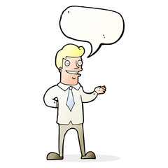 cartoon salesman with speech bubble