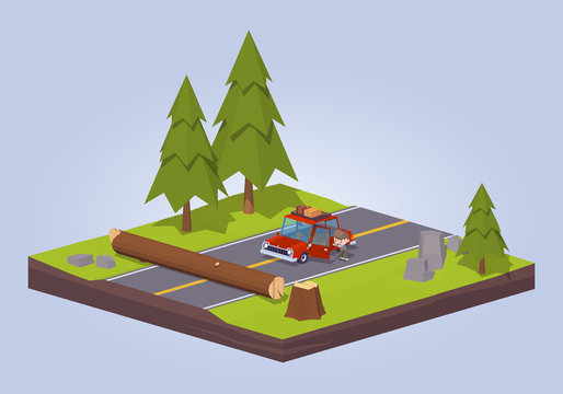 Old tree crashed on the road. 3D lowpoly isometric vector concept illustration suitable for advertising and promotion