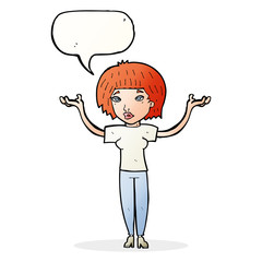 cartoon woman shrugging shoulders with speech bubble