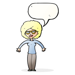 cartoon woman shrugging shoulders with speech bubble