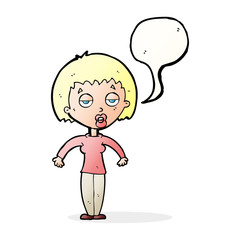 cartoon woman shrugging shoulders with speech bubble