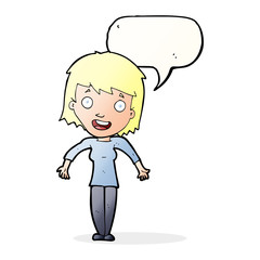 cartoon woman shrugging shoulders with speech bubble