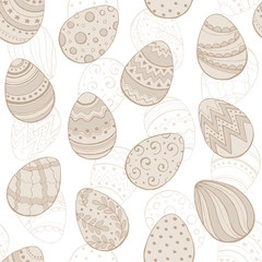 Easter background with eggs hand drawn black on white background. Decorative Esater eggs seamless pattern in neutral colors. Easter eggs with ornaments in vintage style.