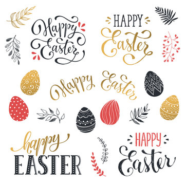 Hand written Easter phrases in red and gold. Greeting card text templates with Easter eggs isolated on white background. Happy easter lettering modern calligraphy style.