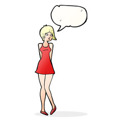 cartoon pretty woman in dress with speech bubble
