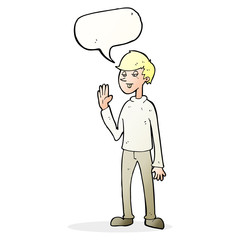 cartoon waving man with speech bubble