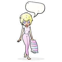 cartoon woman going to bed with speech bubble