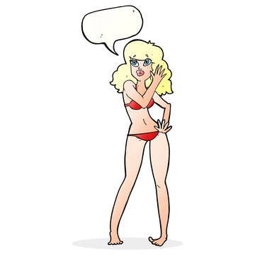 cartoon pretty woman in bikini with speech bubble