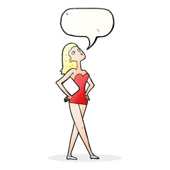 cartoon woman in party dress with speech bubble