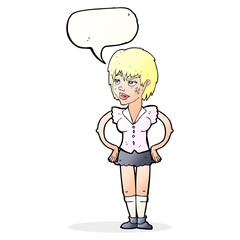 cartoon tough woman with hands on hips with speech bubble