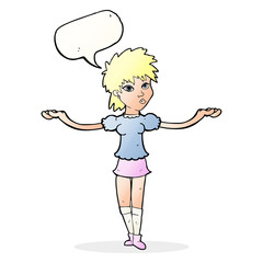 cartoon woman shrugging shoulders with speech bubble