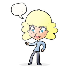 cartoon woman pointing with speech bubble