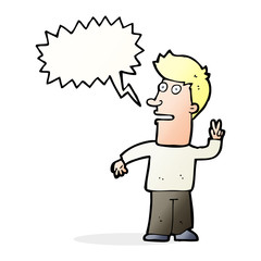 cartoon man making peace sign with speech bubble