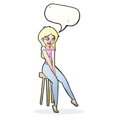 cartoon pretty girl on stool with speech bubble