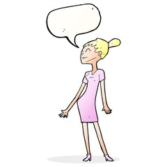 cartoon woman in dress with speech bubble