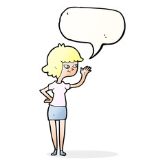 cartoon friendly girl waving with speech bubble