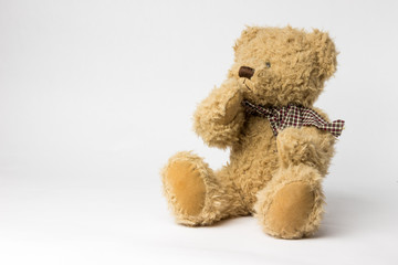 Scruffy teddy bear with copper kettle on white background