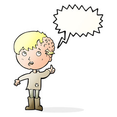 cartoon boy with growth on head with speech bubble