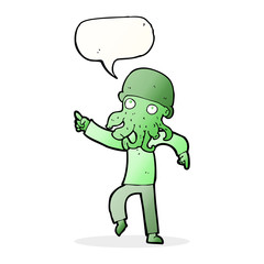 cartoon alien man dancing with speech bubble