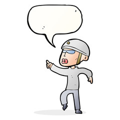 cartoon man in bike helmet pointing with speech bubble