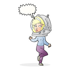 cartoon woman wearing space helmet with speech bubble