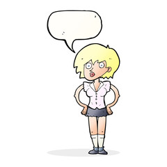 cartoon surprised woman with hands on hips with speech bubble