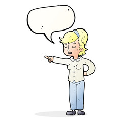 cartoon friendly woman pointing with speech bubble