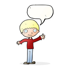 cartoon happy waving boy with speech bubble
