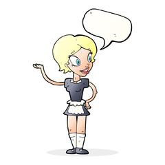 cartoon woman in maid costume with speech bubble