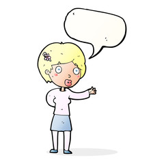 cartoon waving woman with speech bubble
