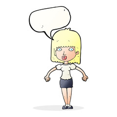 cartoon woman shrugging shoulders with speech bubble
