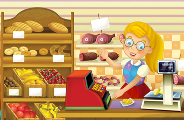 The shop scene with different goods and a clerk - happy illustration for children